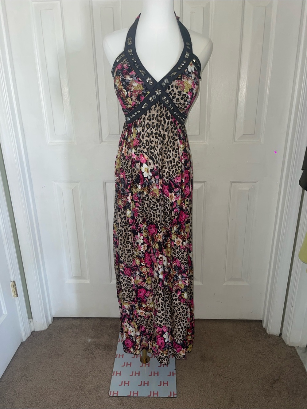 Magic Leopard and Pink Floral Halter Maxi Dress with Stud Trim